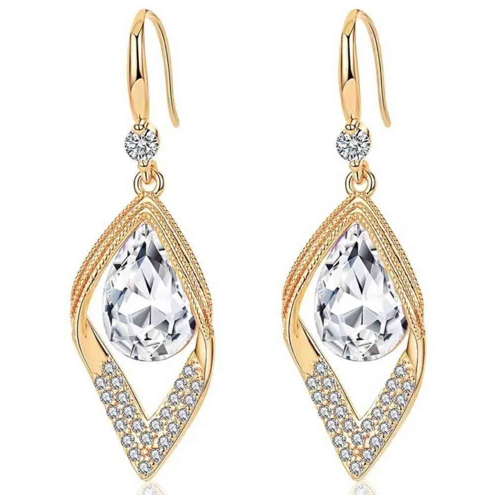 14K Yellow Gold with White Diamond Austrian Crystal Halo Leaf Teardrop Earrings